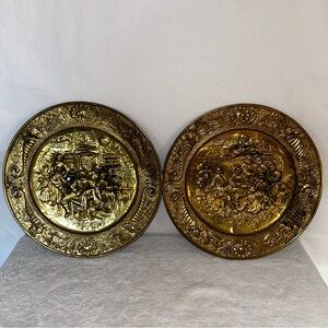 2 Vintage Hammered Brass Rapousse Wall Hanging Tavern Platters - Made in England